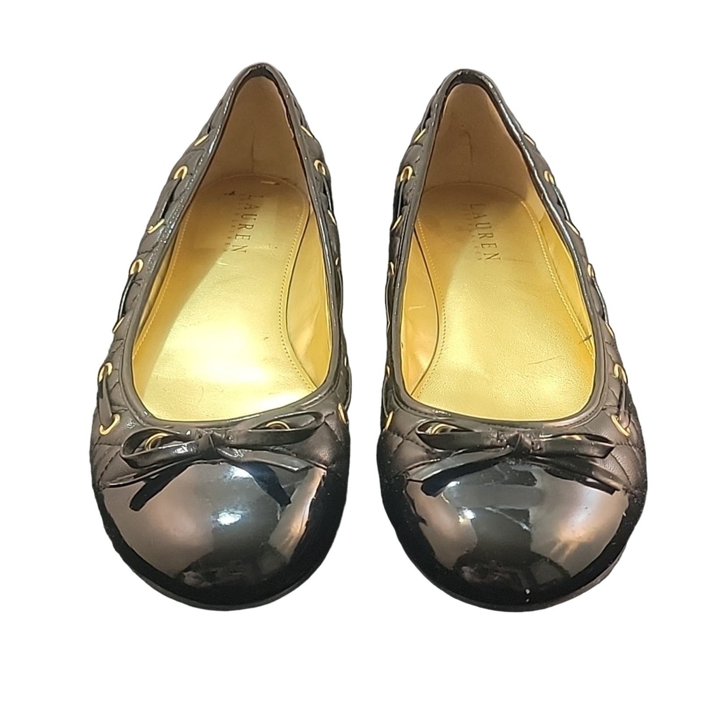 RALPH LAUREN | Black & Gold Quilted Bow Flat | sz 8.5